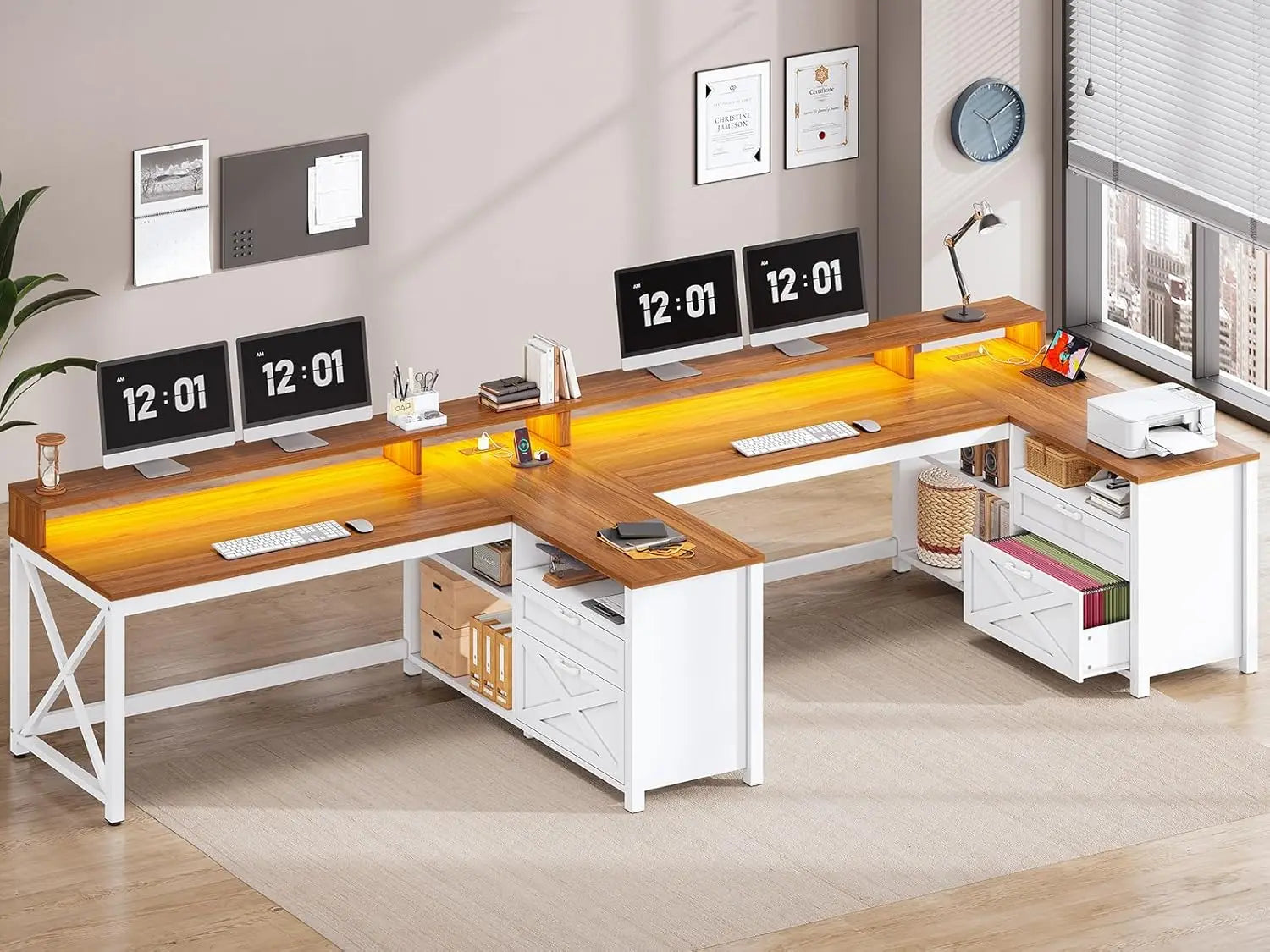 FurnishSpot® Farmhouse L-Shaped Computer Desk with LED Lights, Monitor Stand & File Drawer