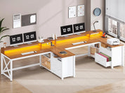 FurnishSpot® Farmhouse L-Shaped Computer Desk with LED Lights, Monitor Stand & File Drawer