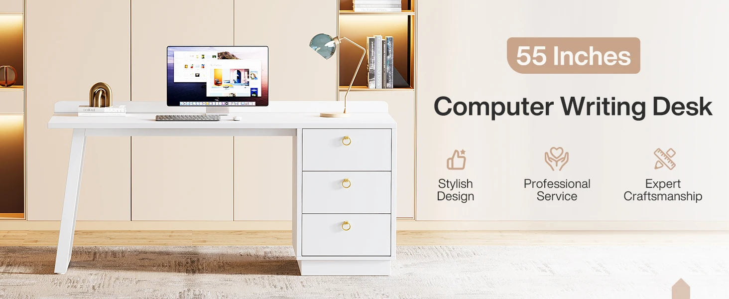 Tribesigns White Computer Desk with Drawers: 55 Inches Modern Home Office Desk with Storage, Small Wood Study Writing Work Table