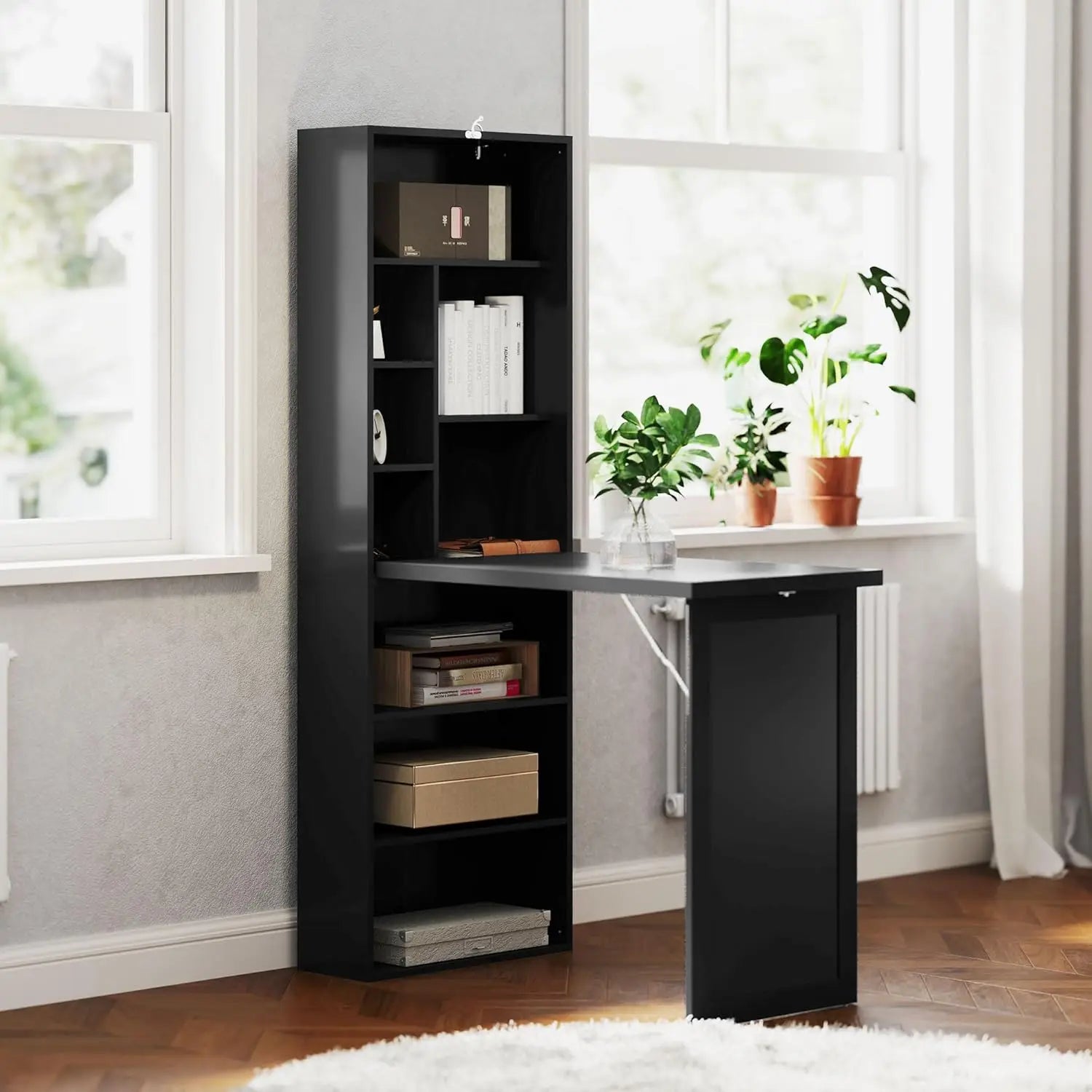 Fold-Out Convertible Writing Table,Wall Mount Desk Cabinet with Blackboard and Side Shelf Multi-Function Home Office Workstation