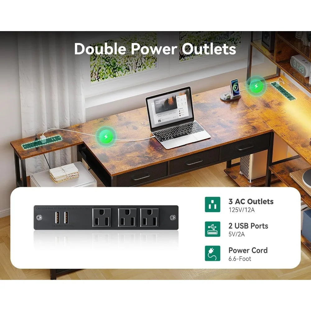 79 Inch L Shaped Desk with File Drawers, Reversible L Shaped Gaming Desk with Power Outlets & LED Lights, Computer Desk