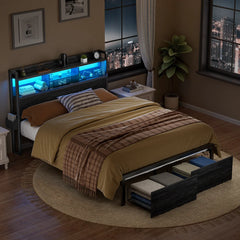 Full/Queen Size Bed Frame with Storage Headboard, Metal Platform Bed Frame with Storage Drawers, LED Lights and Charging Station