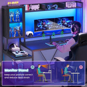 Gaming Desk, 60'' Gaming Desk with Hutch and LED Lights, Computer Desk with Storage Shelves, Large PC Gamer Desk with Display C