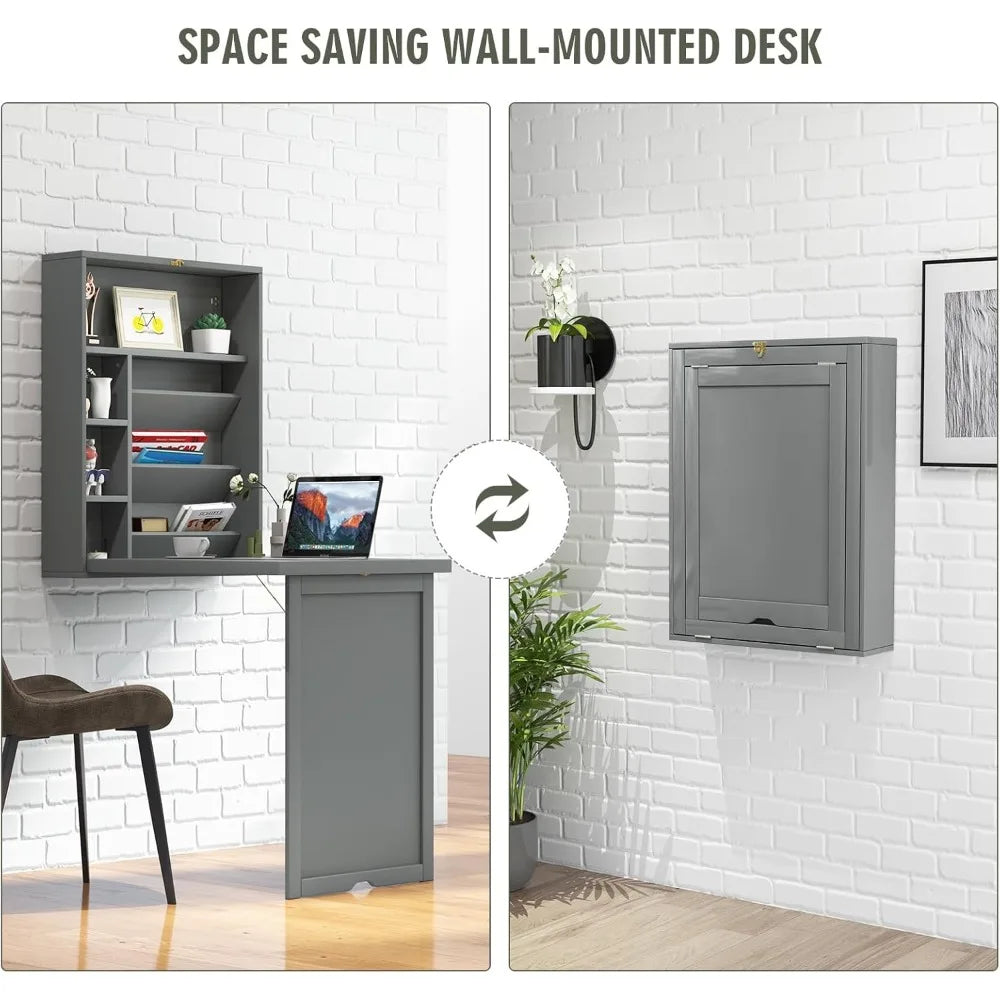 FurnishSpot Wall-Mounted Folding Desk with Storage | Space-Saving Floating Fold-Down Desk