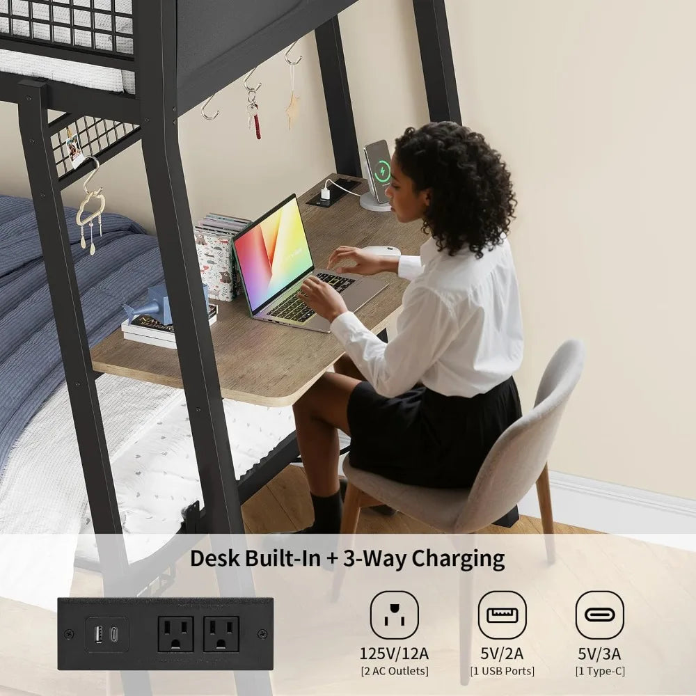 Bunk Bed with Desk, Twin Over Twin Metal Bunk Beds with Power Outlets, RGB LED Lights, 2 Larger Storage Drawers, Bed with Safety