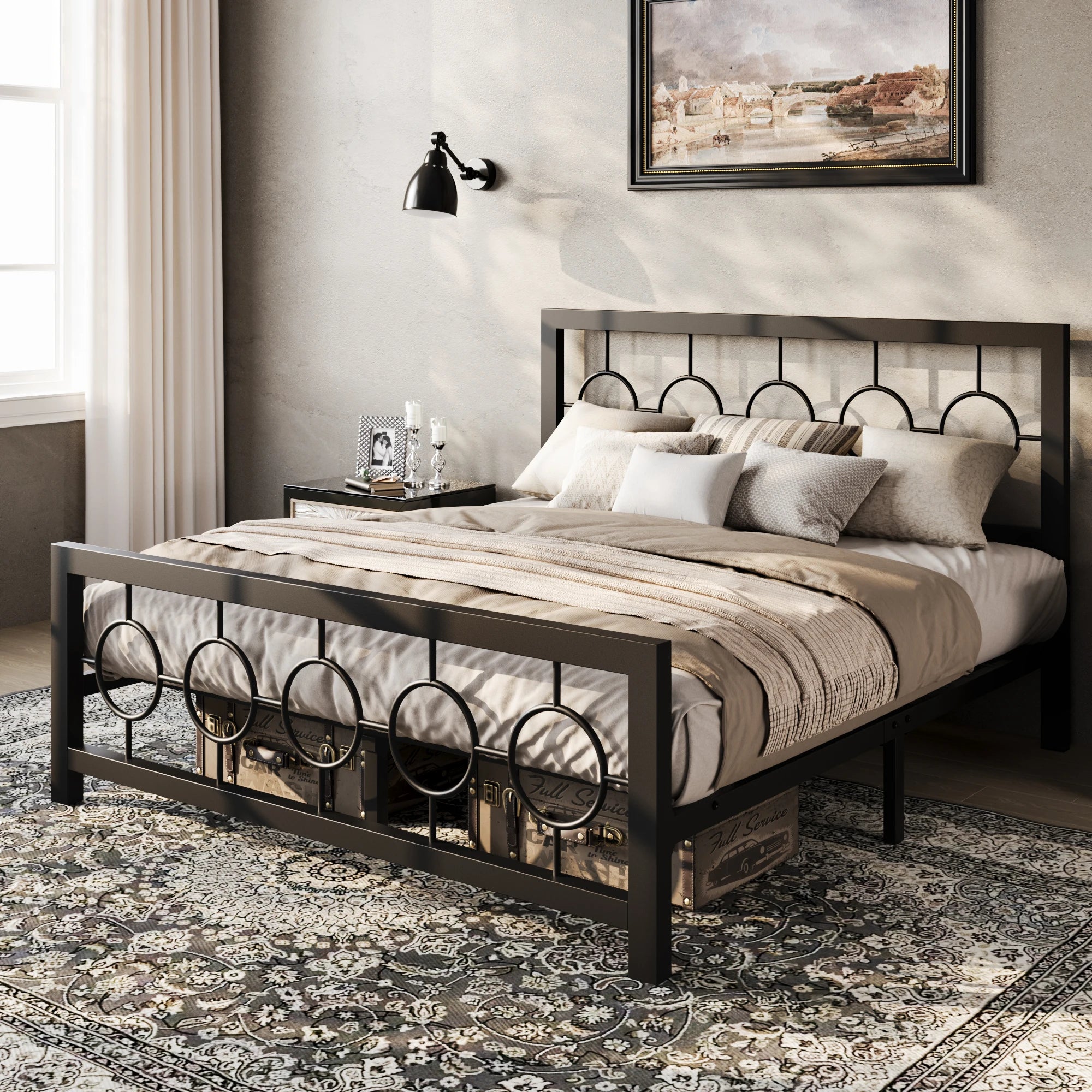 FurnishSpot Vintage Iron Metal Platform Bed Frame – Modern Circular Ring Design, Heavy-Duty Slats, Noise-Free Support (No Box Spring)