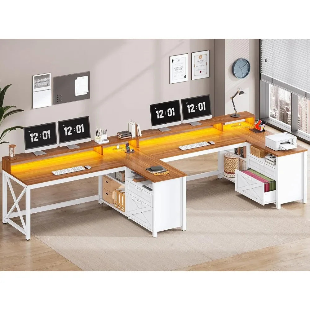 Farmhouse L Shaped 55" Desk with Drawers and Storage Shelves, and LED Lights