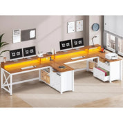 Farmhouse L Shaped 55" Desk with Drawers and Storage Shelves, and LED Lights
