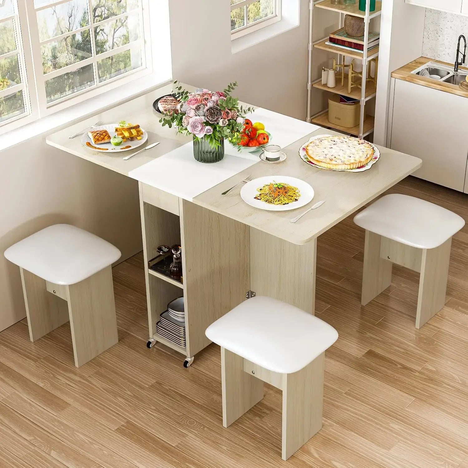 Folding Dining Table Set for 4, 4 Leather Chairs & Shelves – Foldable with 6 Wheels, Space-Saving Design