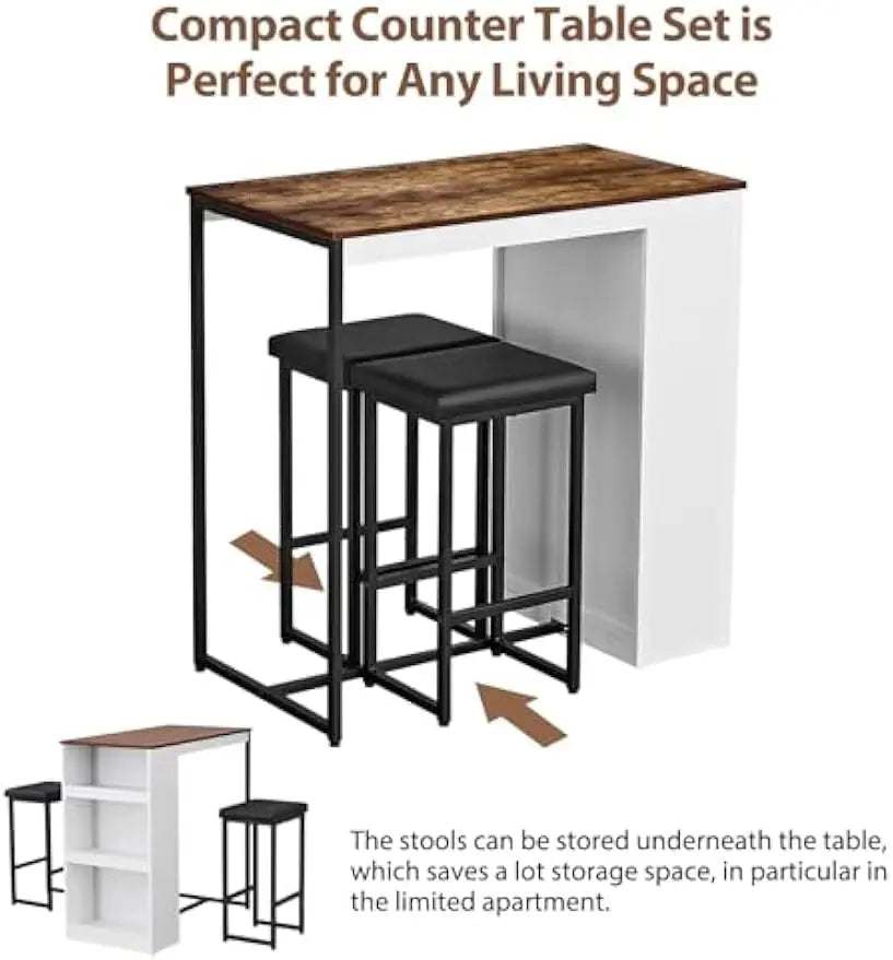 FurnishSpot® 3-Piece Counter Height Dining Table Set with Storage Shelves & Padded Stools – Small Space Kitchen Bar Table