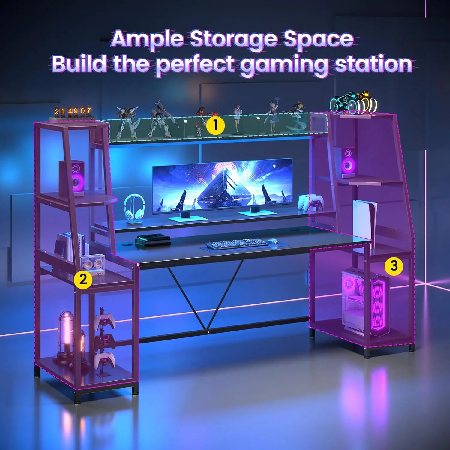 FurnishSpot Multifunctional Gaming Desk with LED Lights, Monitor Stand & Storage Shelves – 55” RGB PC Workstation Desk