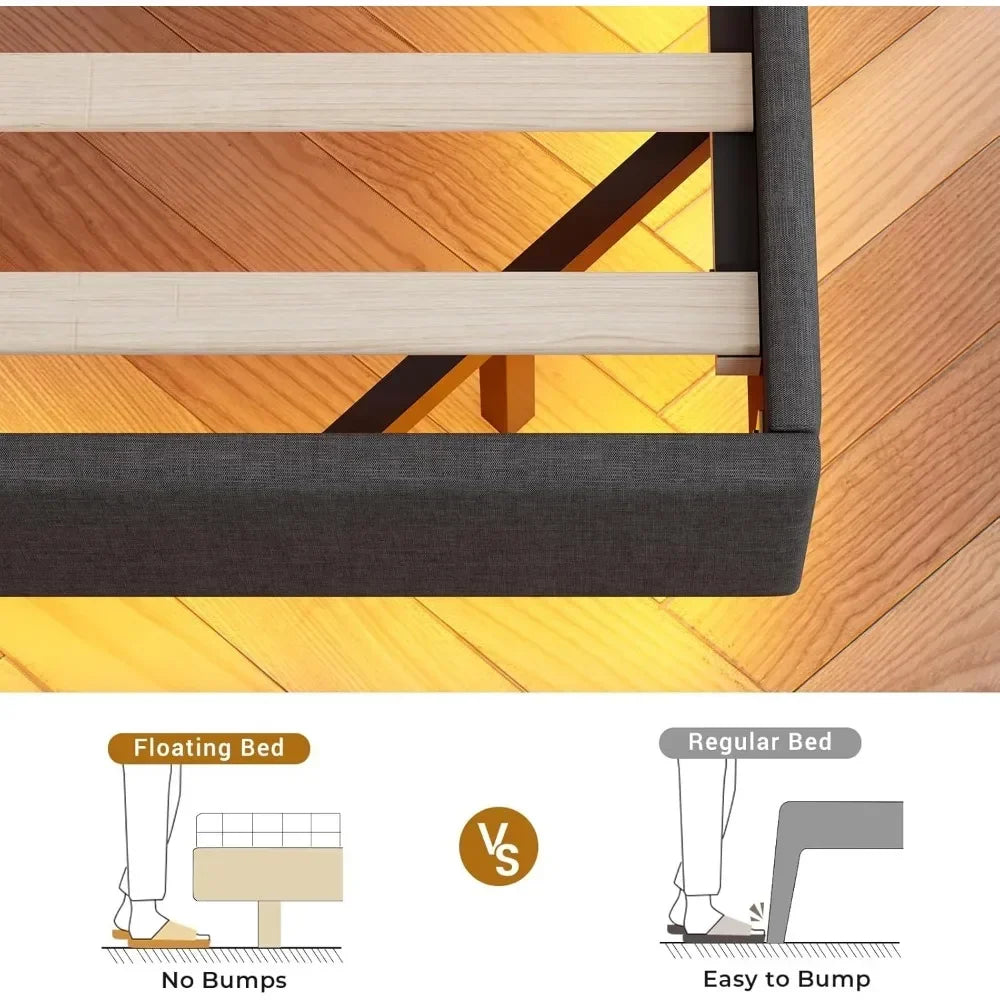 Bed Frame, with Type-C Charging Station& Hidden Storage Headboard, King RGB Floating Platform Bed, Bed Frame