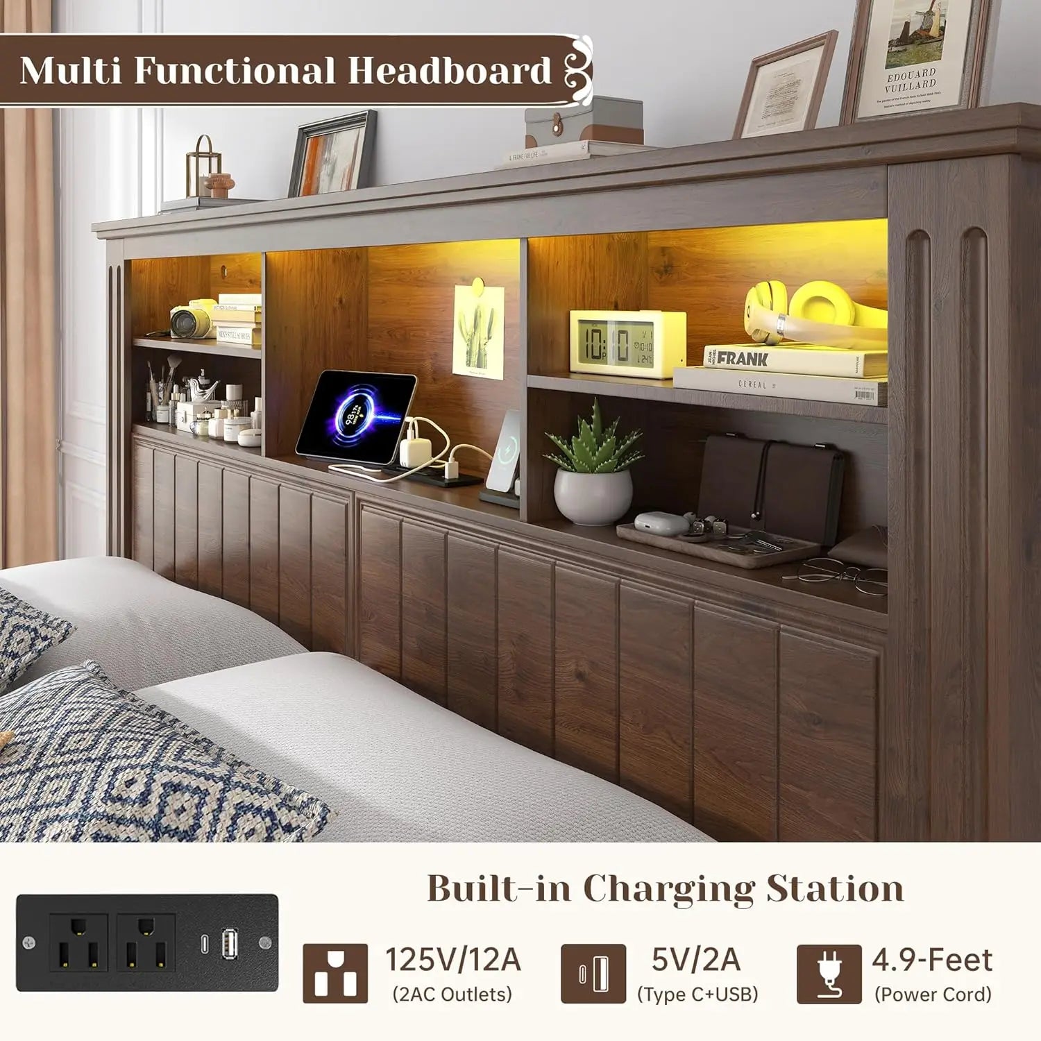 Queen Bed Frame with 4 Storage Drawers, LED lights, Headboard, and Charging Station