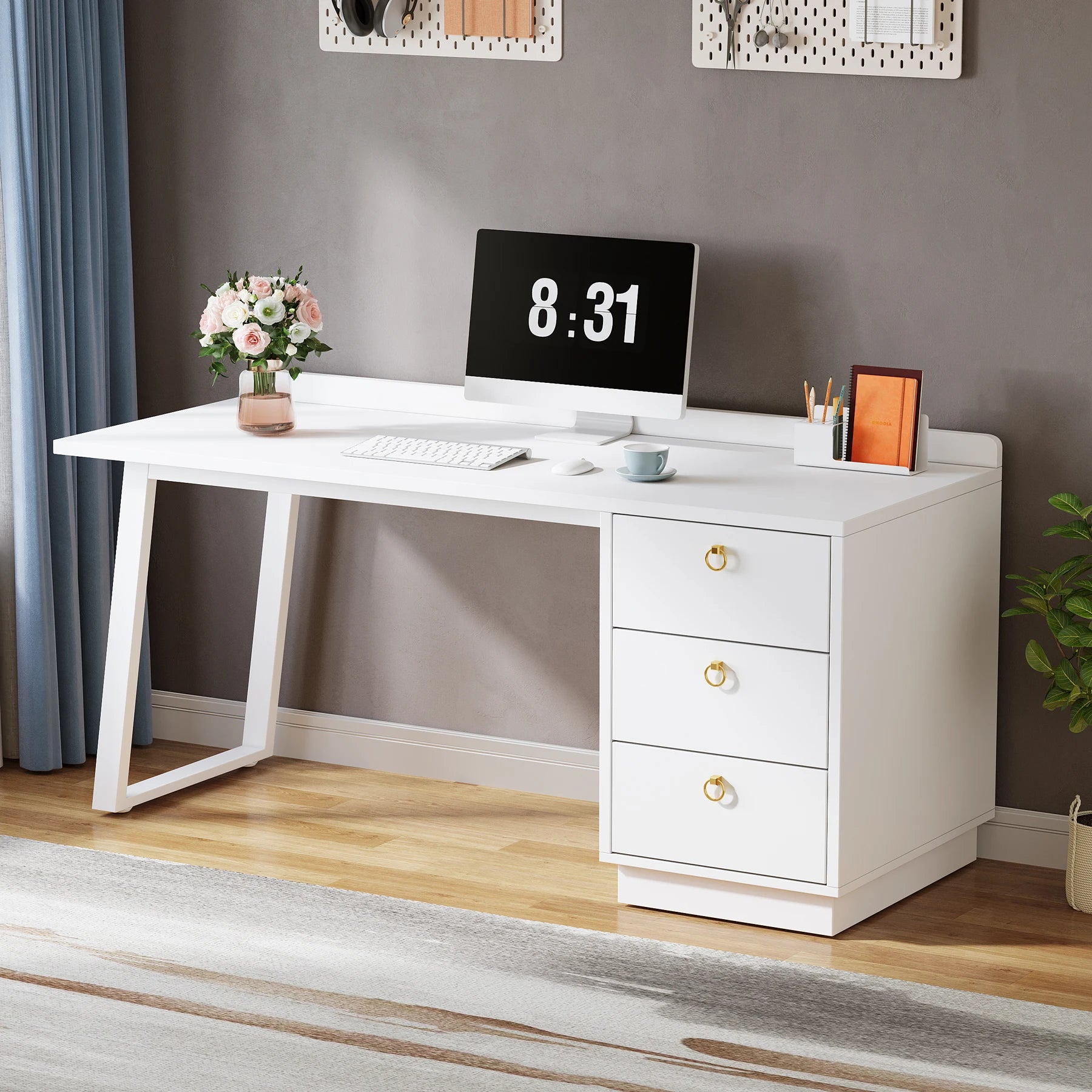 Tribesigns White Computer Desk with Drawers: 55 Inches Modern Home Office Desk with Storage, Small Wood Study Writing Work Table