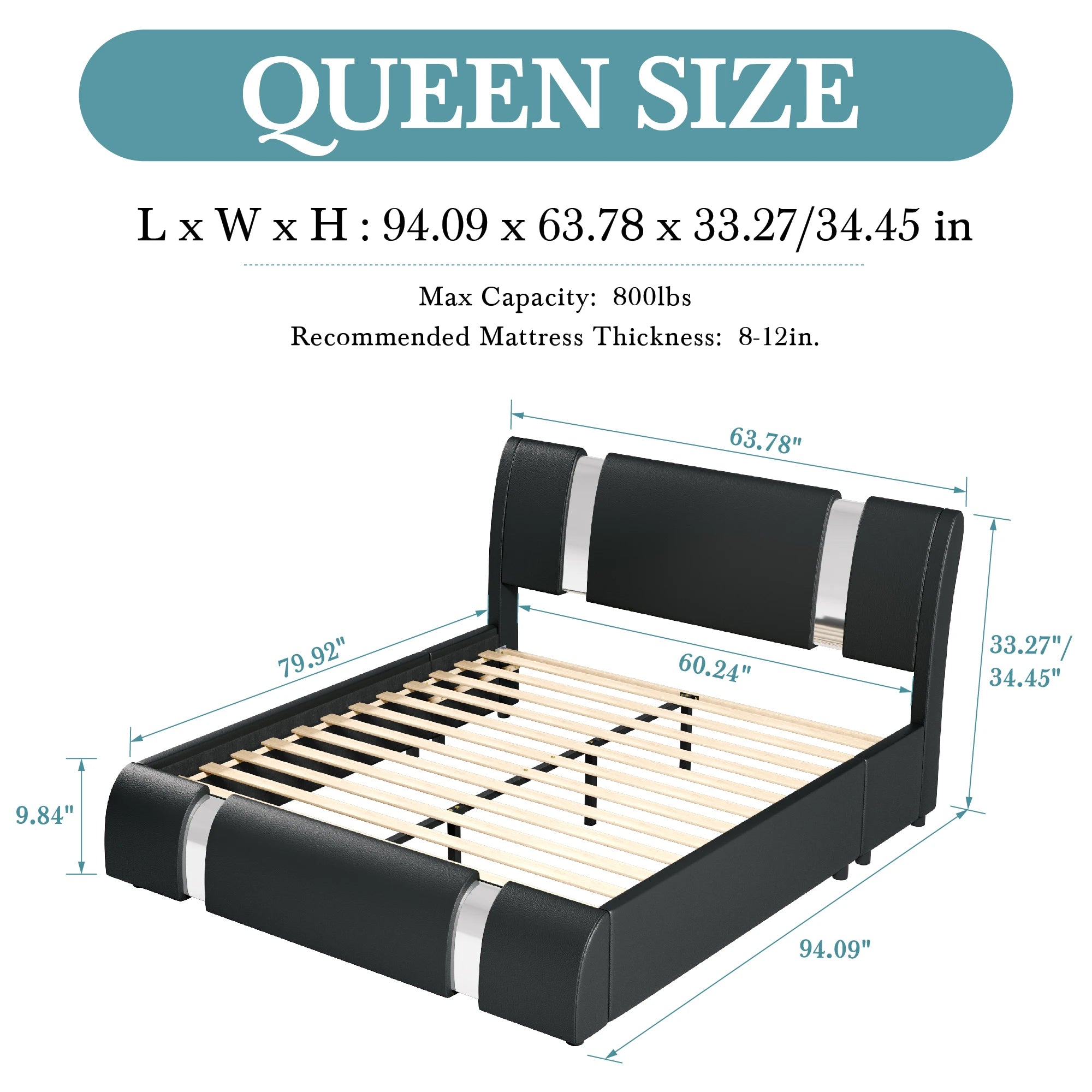 Modern Faux Leather Low Profile Platform Bed with Height-Adjustable Headboard