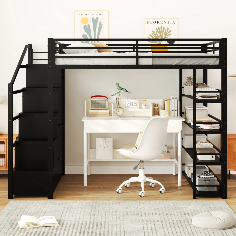 Full Size Metal Loft Bed with Storage Shelves, Cabinets and Wardrobe, Black