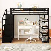 Full Size Metal Loft Bed with Storage Shelves, Cabinets and Wardrobe, Black