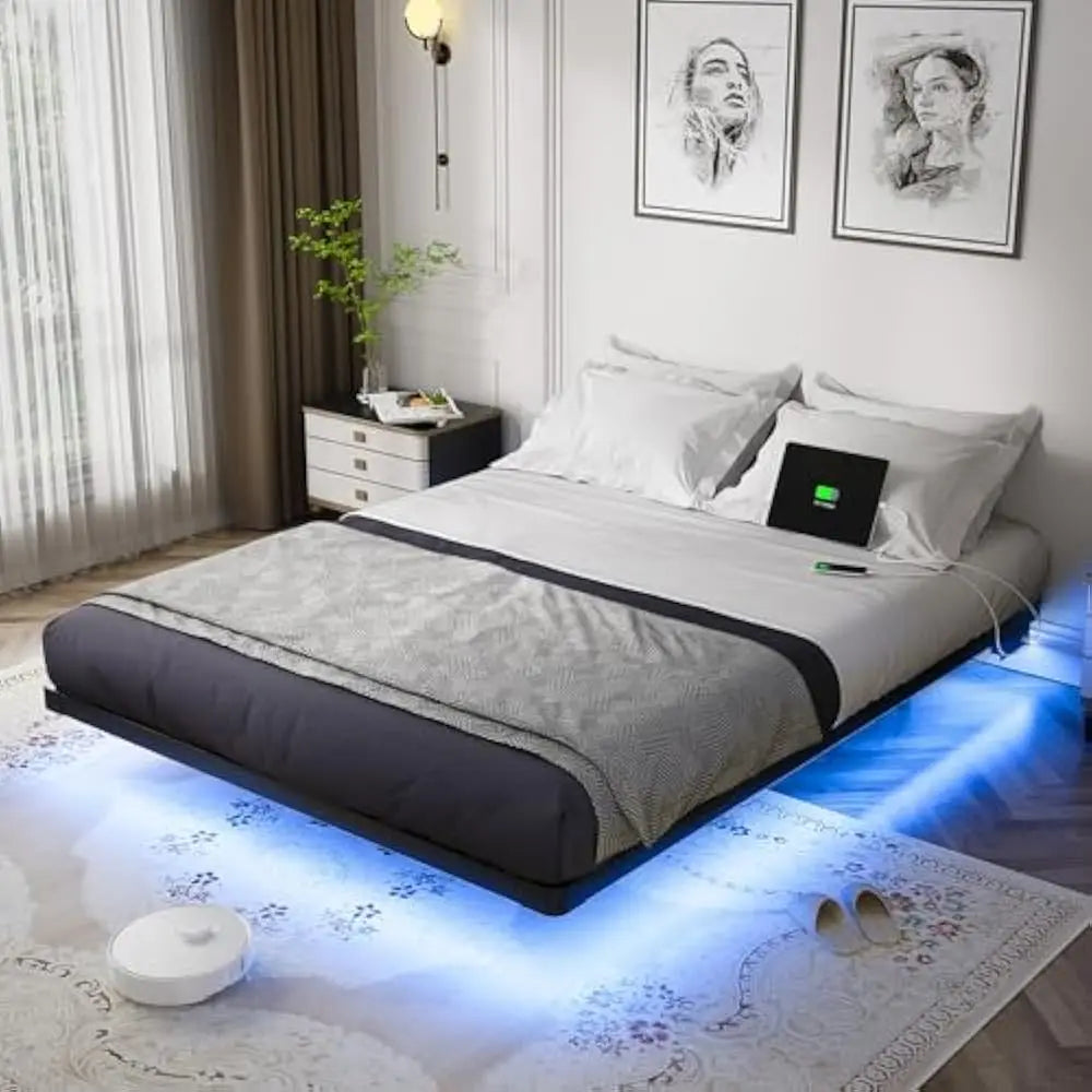 Floating Bed Frame Full Size w/Smart LED Lights & Charging Station -  Metal Platform Bed, Easy Assembly No Box Spring Needed