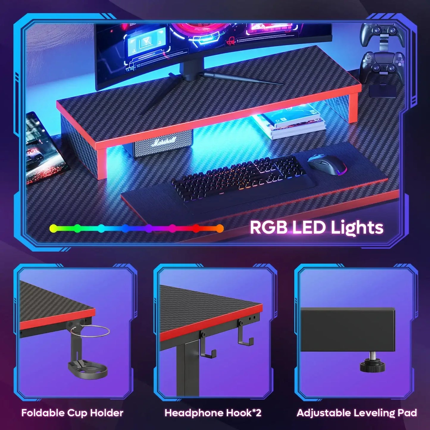 42" Gaming Desk with LED Lights & Monitor Stand