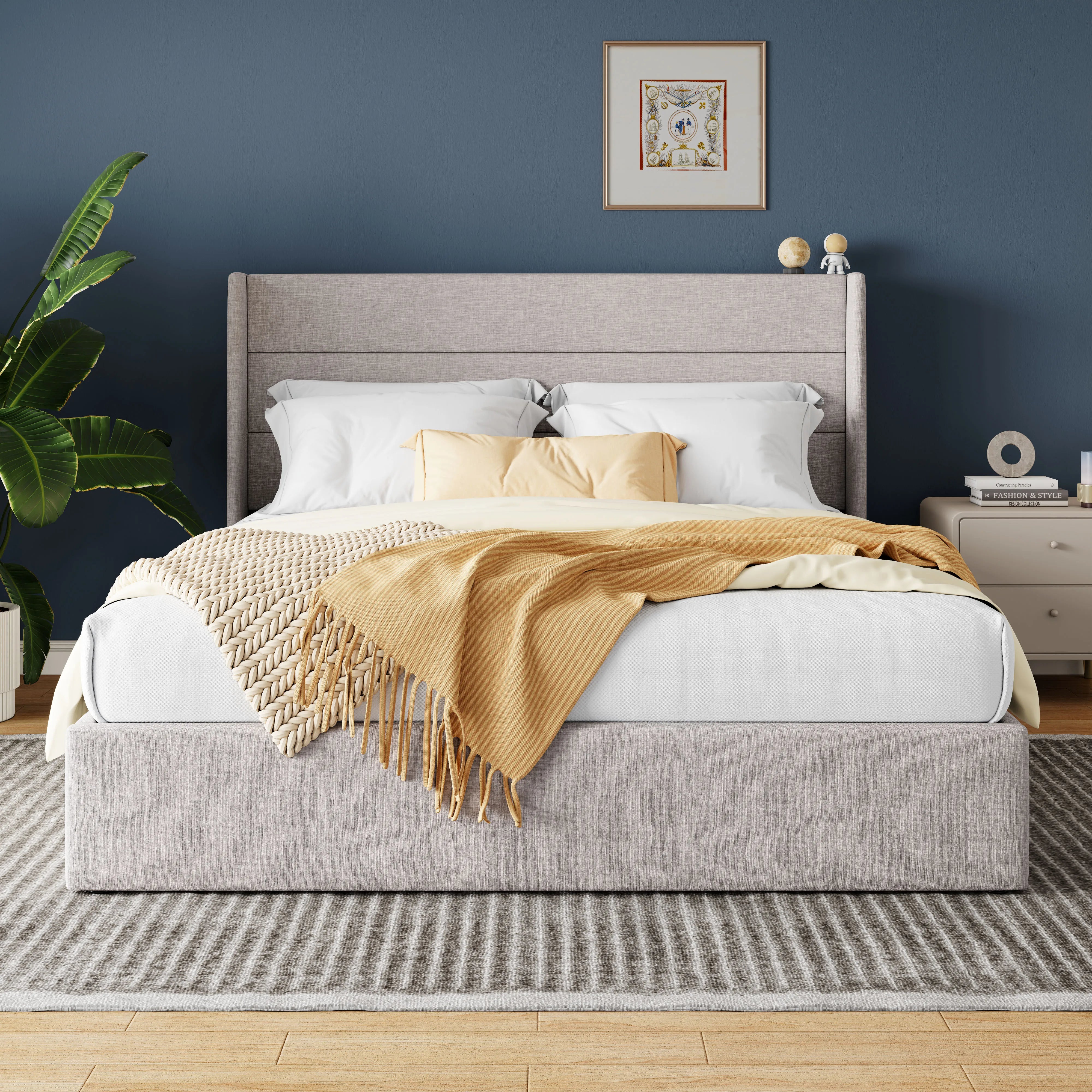 Lift Up Storage Bed with Wingback Headboard and Large Underneath Storage