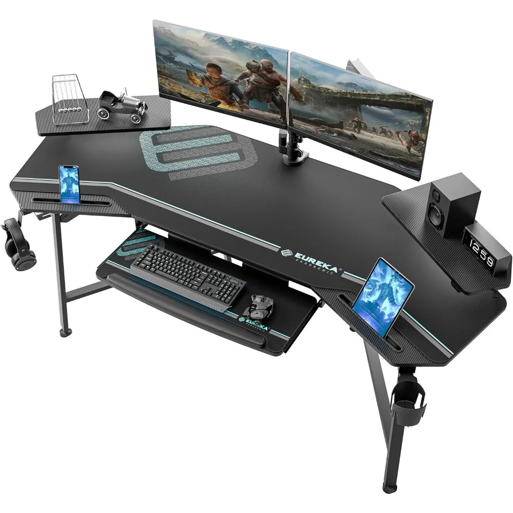Aero Gaming Desk with Led Lights, 72" Large Wing-Shaped Studio Desk W Keyboard Tray Monitor Stand Dual Headphon