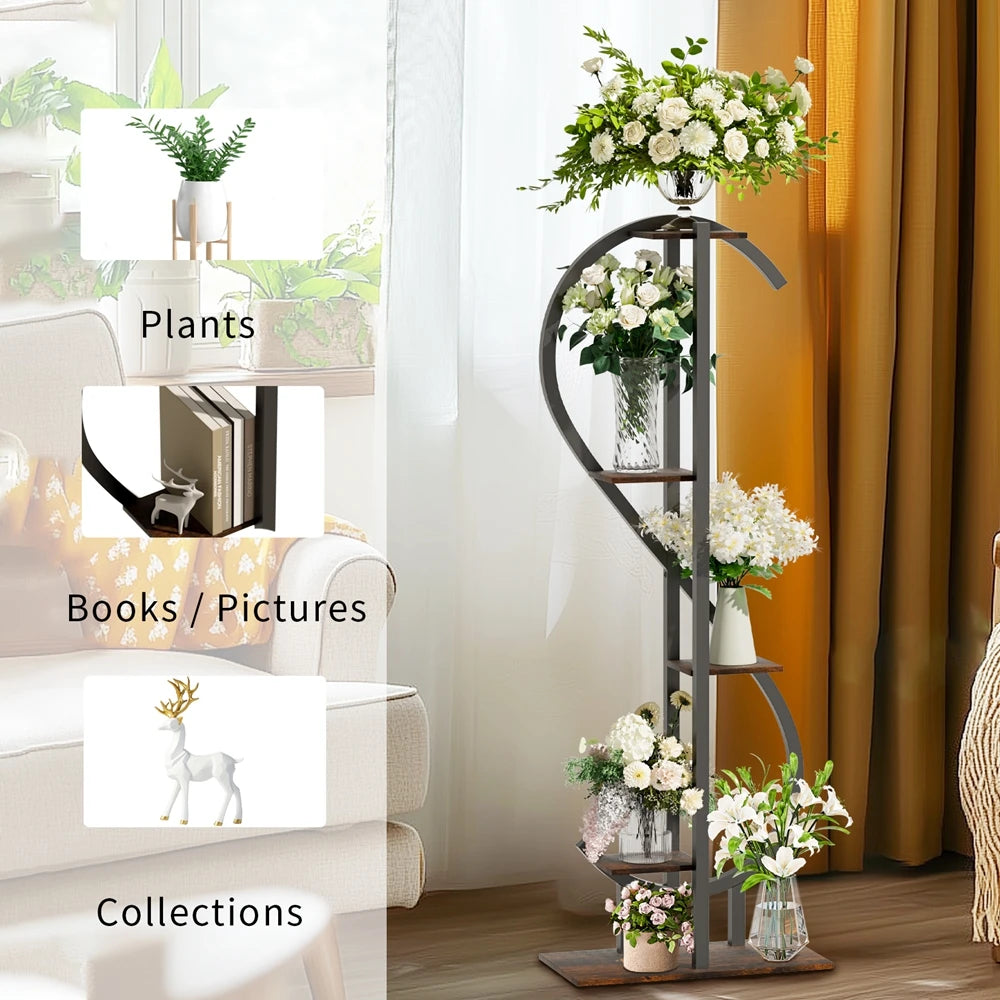 5-Tier S-Shaped Metal Plant Stand with MDF Shelves – Decorative Indoor & Outdoor Plant Display for Balcony, Living Room, Garden, Patio, or Porch