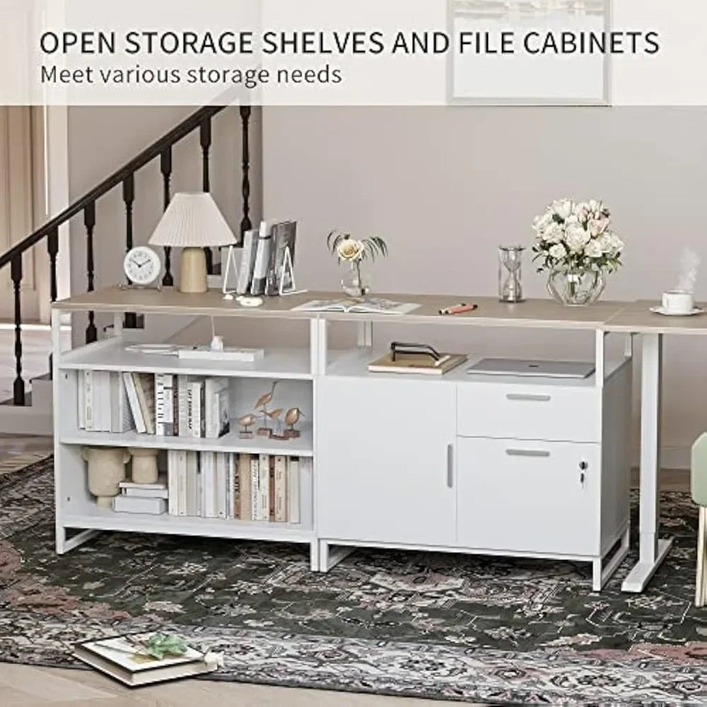 L-Shaped Executive Standing Desk with File Cabinet and Shelves, Electric Height Adjustable, Light Walnut