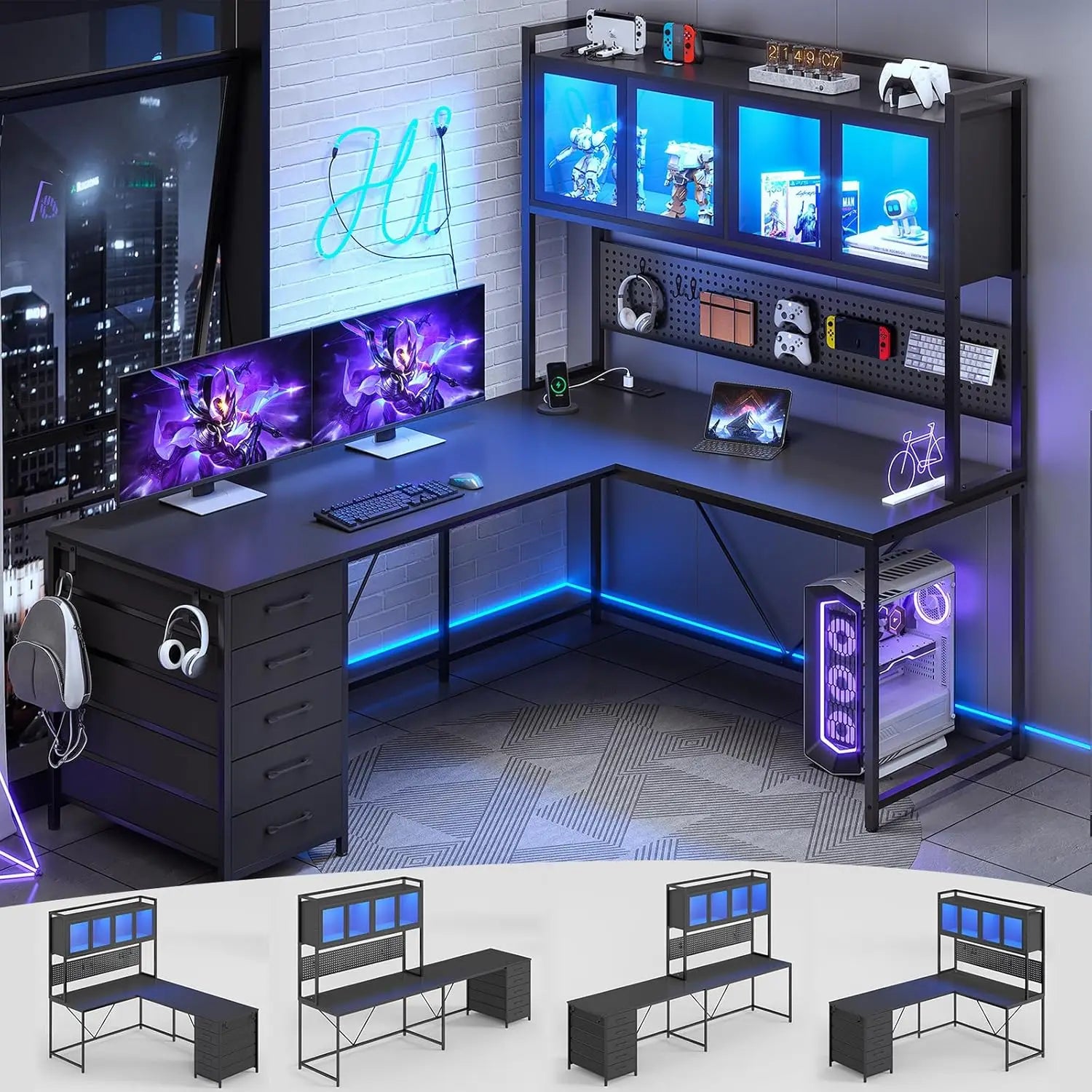 L Shaped Computer Desk with Hutch and Storage Shelves, Gaming Desk, Led Lights, and Power Outlet, Home Office Desk, Corner Desk