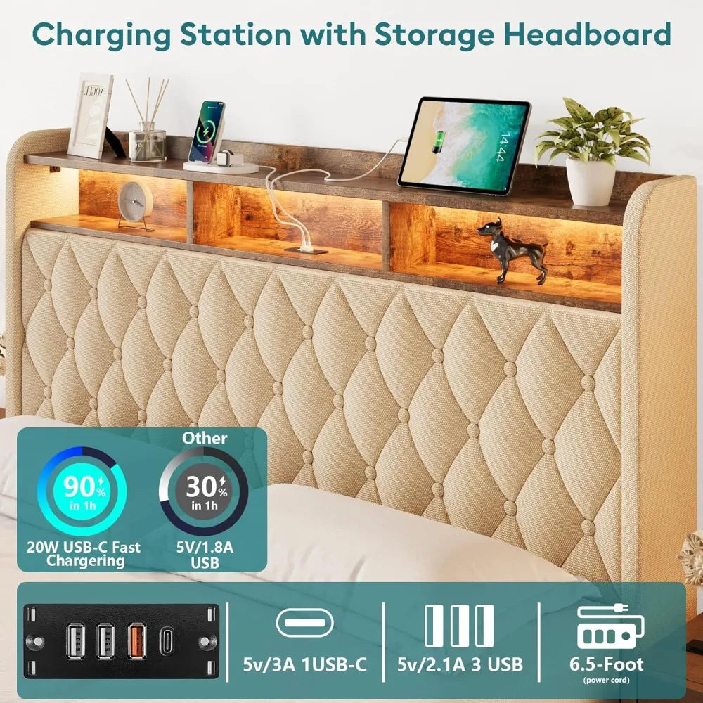 Full Bed Frame with Storage, LED Lights, and Charging