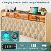 Full Bed Frame with Storage, LED Lights, and Charging