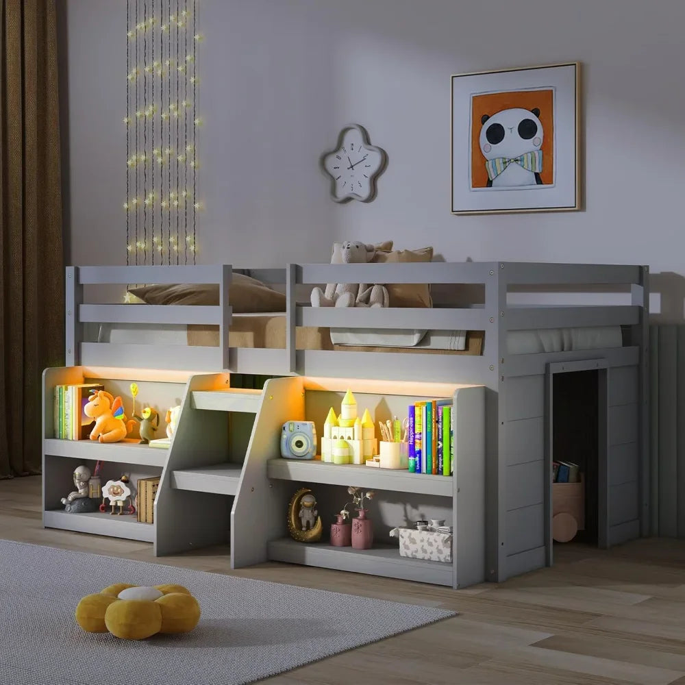 Kids Loft Bed with LED Light, Wooden Double Loft Bed with Stairs and Safety Guardrail, with Storage Bookcase
