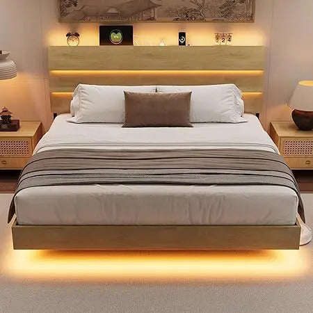 Floating Bed Frame King Size with Led Headboard and Charging Station, Metal Platform Bed Base with Storage, Remote Control, Heav