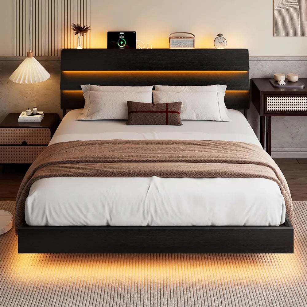 Floating Bed Frame King Size with Led Headboard and Charging Station, Metal Platform Bed Base with Storage, Remote Control, Heav