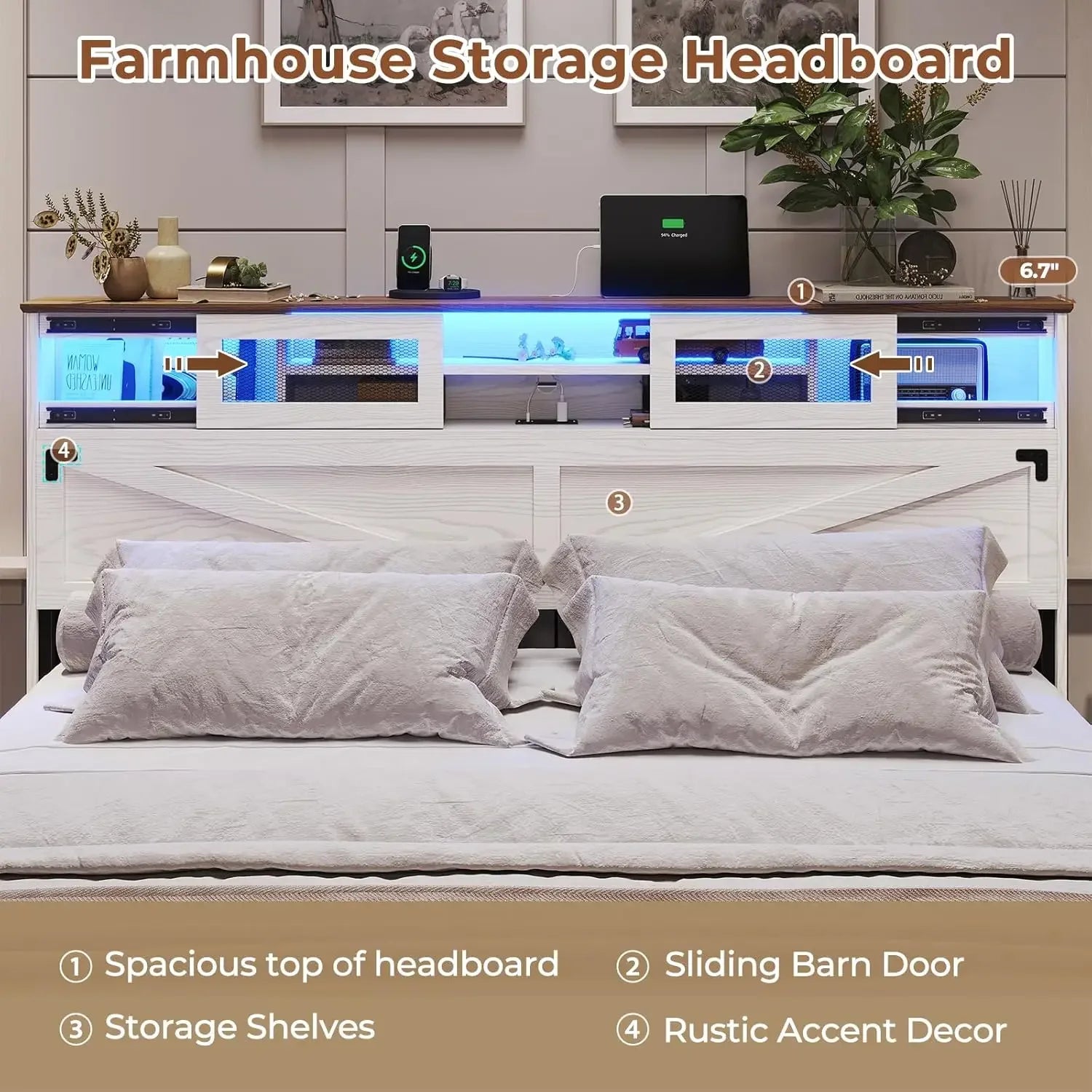 Farmhouse Bed Frame King Size with Bookcase Headboard,  King Bed with LED Lights and Charging Station, Accent with Sliding,White