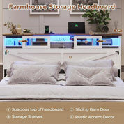 Farmhouse Bed Frame King Size with Bookcase Headboard,  King Bed with LED Lights and Charging Station, Accent with Sliding,White