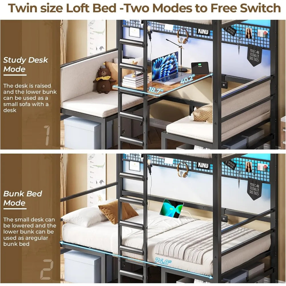 Twin Over Twin Bunk Bed with Led Lights and Charging Station Convertible Loft Bed Twin Size with Desk and Seat Metal Bunk Bed w
