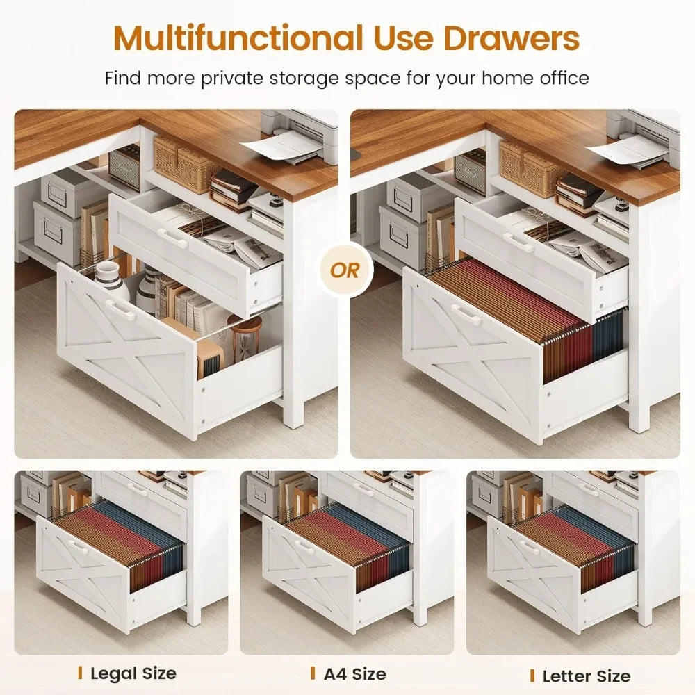 Farmhouse L Shaped 55" Desk with Drawers and Storage Shelves, and LED Lights