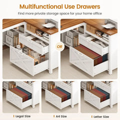 Farmhouse L Shaped 55" Desk with Drawers and Storage Shelves, and LED Lights
