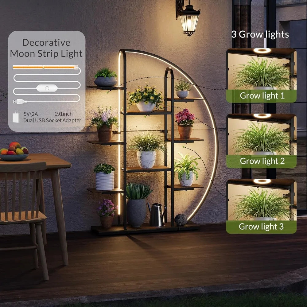 9-Tier Moon-Shaped Plant Stand with Full-Spectrum LED Grow Lights – Indoor Metal Flower Shelf for Bonsai, Succulents, Potted Plants, Living Room, Balcony, Office