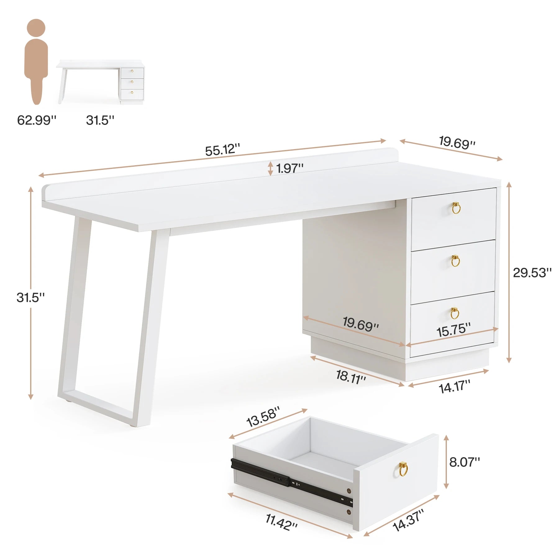 Tribesigns White Computer Desk with Drawers: 55 Inches Modern Home Office Desk with Storage, Small Wood Study Writing Work Table