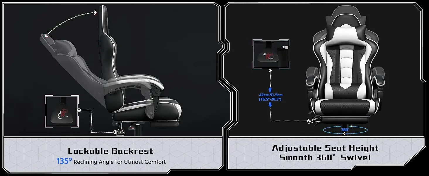 Gaming Chair w/ Massage Lumbar Support & Footrest