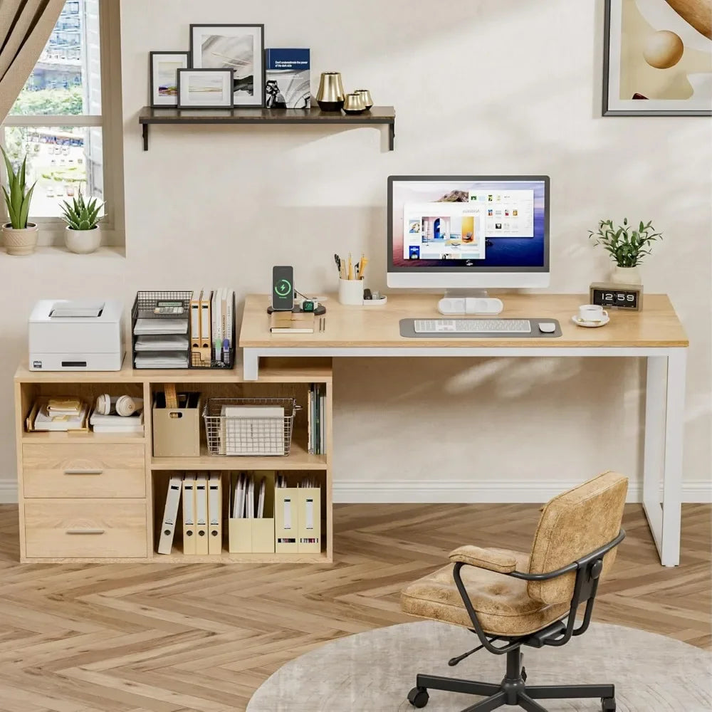 L Shaped Desk with Drawers&Shelves, 55'' Corner Computer Desk with Power Outlets, Reversible PC Table with Storage File Cabinet