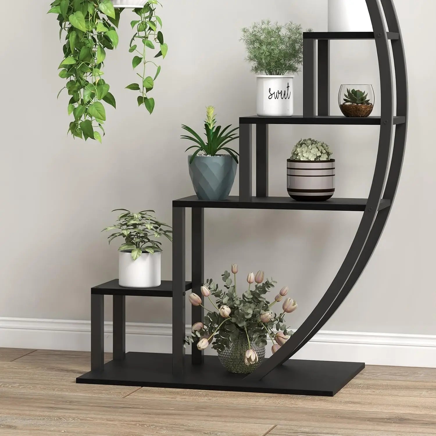 5 Tier Flower Plant Stand Indoor, 2 Pack Half Moon Plant Shelf Metal hanging Plant Rack for Home Patio Lawn Garden Balcony