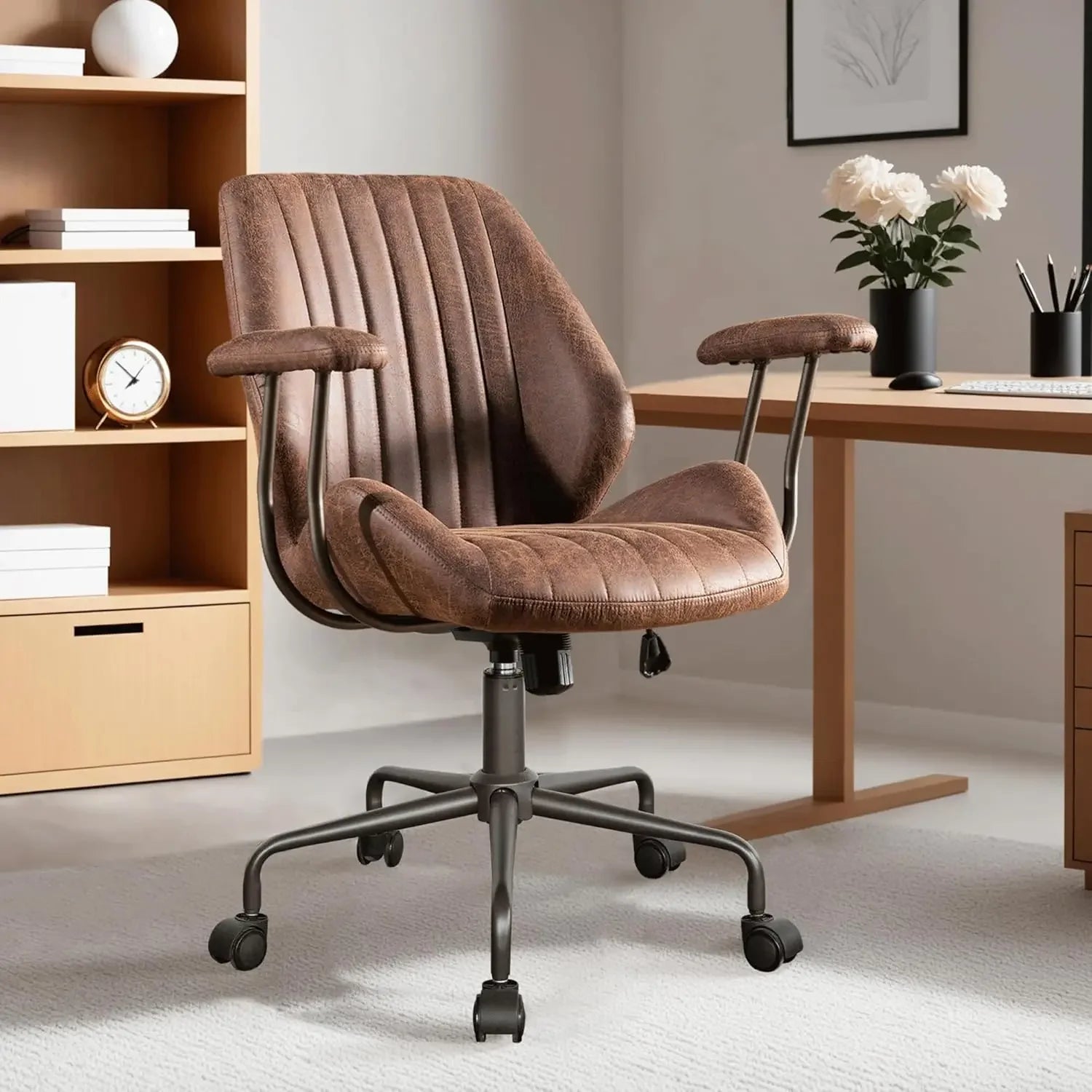 Ergonomic Home Office Chair, Mid-Century Modern Leather Chair with Lumbar Support, High Back Swivel Rolling Executive Chair