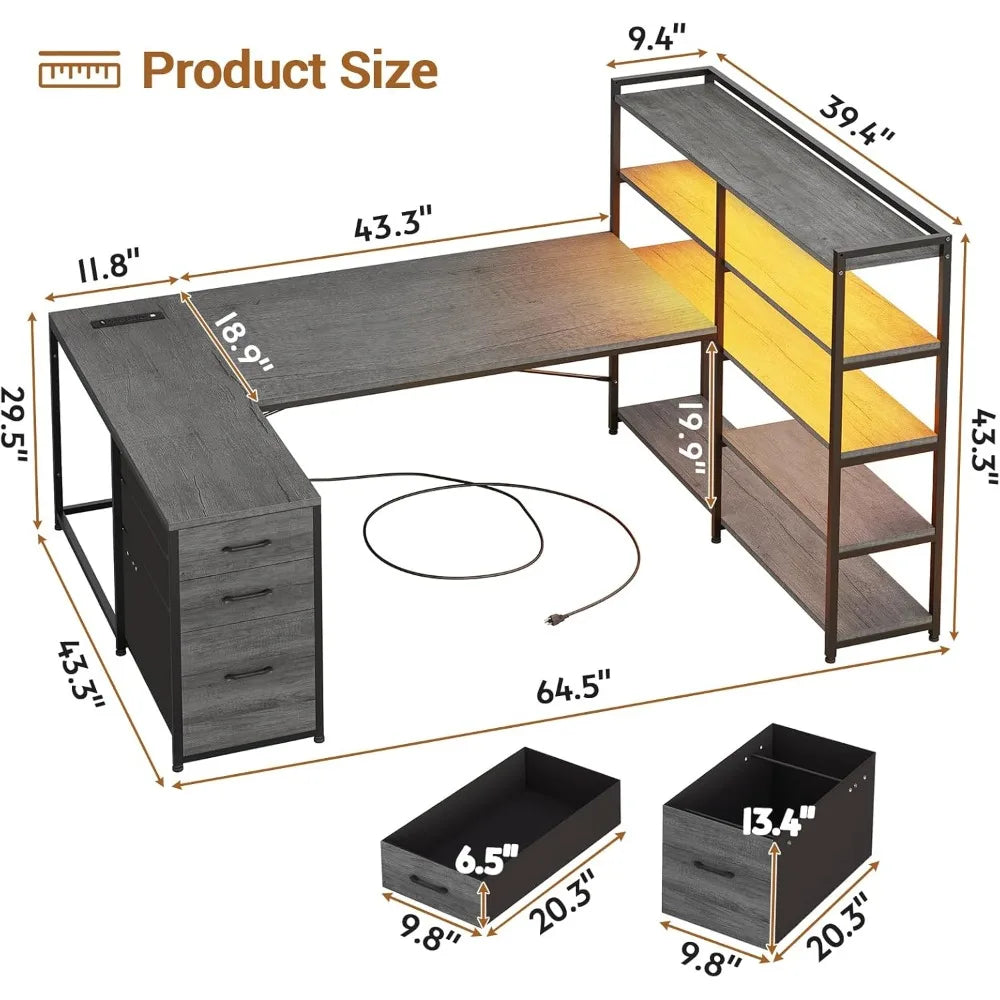 Corner Computer Desk, Reversible U Shaped Office Desk with 3 Fabric Drawers and Power Outlet, Corner Gaming Desk with LED Lights