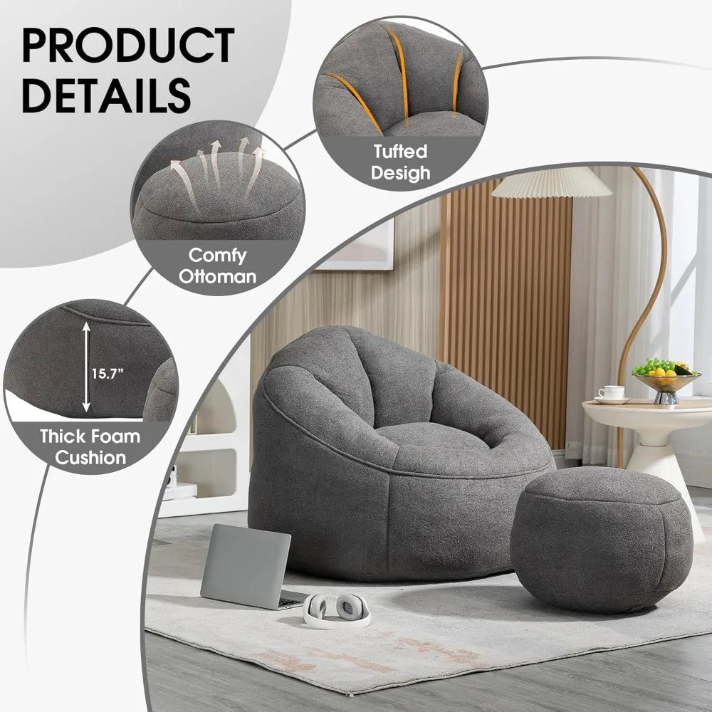 Bean Bag Chair for Adult, Microfiber Upholstered Bean Bag Sofa with Petal Back, Shell-Shaped Beanbag Chair with Footstool