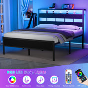Satifur Full/Queen Size Bed Frame with LED Light and Charging Station, Wood Storage Headboard with 2-Tier Shelves,Metal Platform