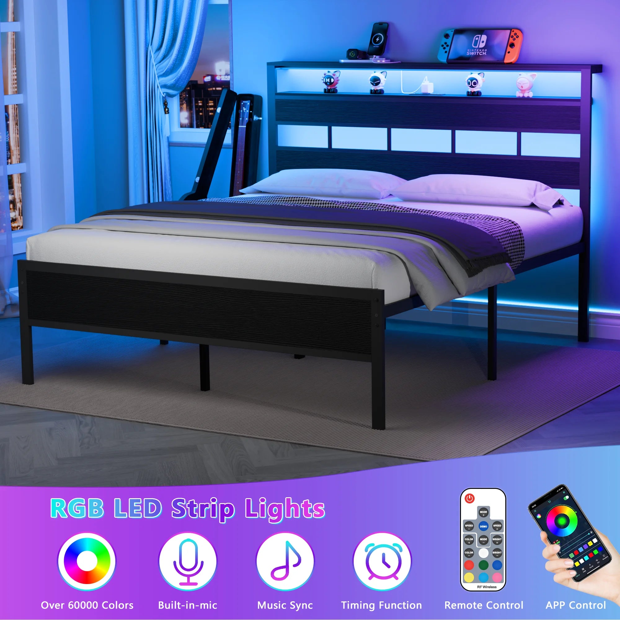 Satifur Full/Queen Size Bed Frame with LED Light and Charging Station, Wood Storage Headboard with 2-Tier Shelves,Metal Platform