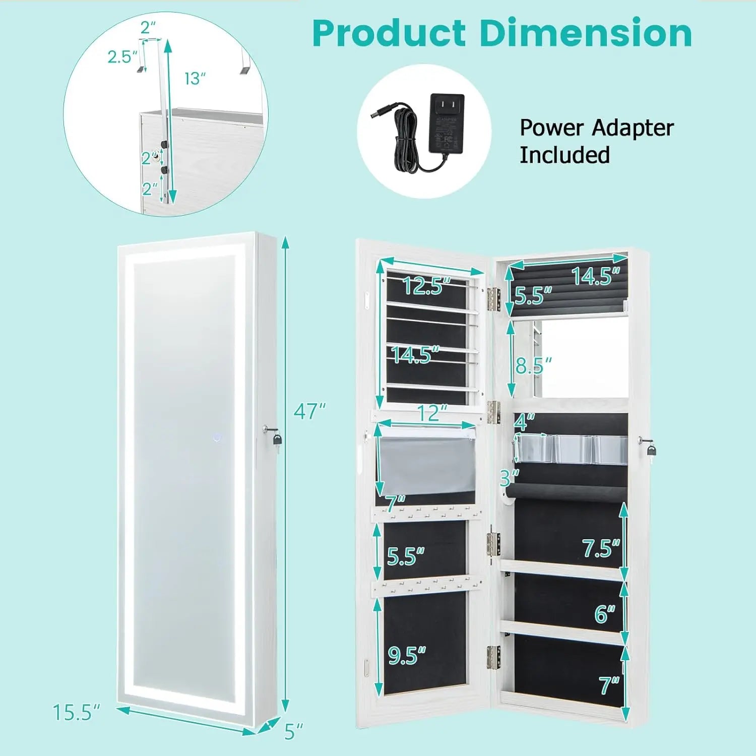 LED Jewelry Armoire with Adjustable Lighted Full-Length Mirror | Wall Mounted or Over Door