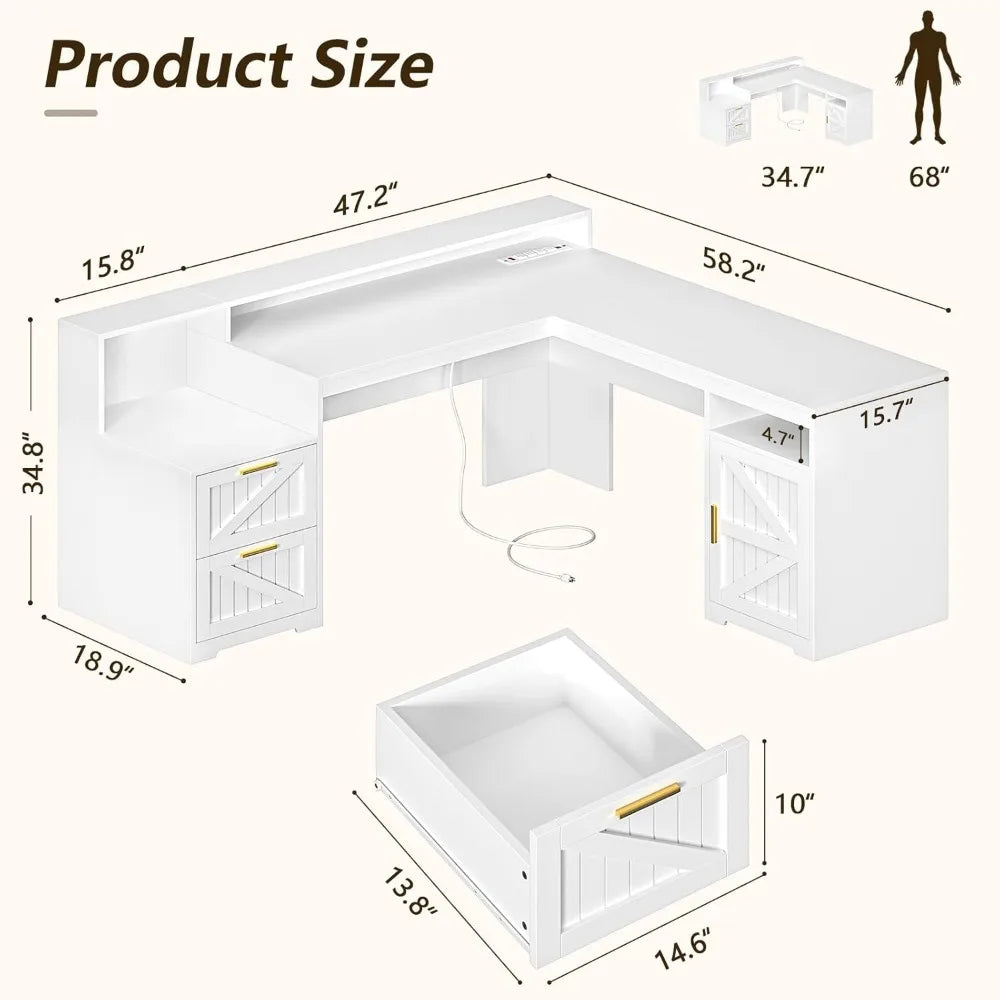 63" Farmhouse L Shaped Executive Desk with Drawers & Storage Shelf, Corner Computer Desk with Power Outlets, L Shaped Office Des
